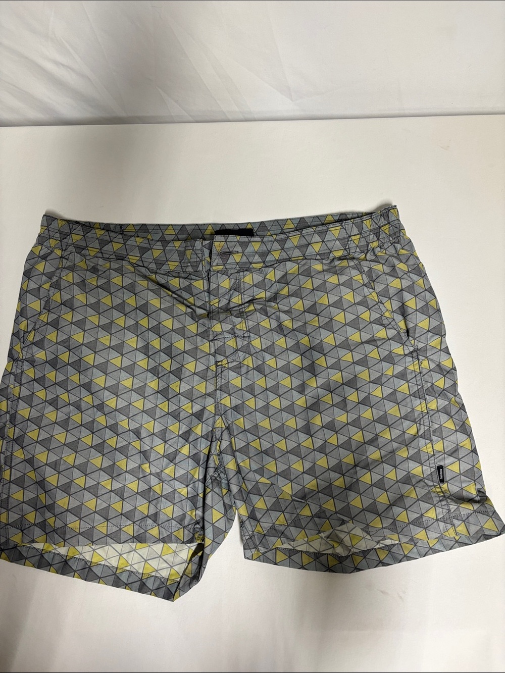 Finisterre Men's W34 Geometric Swim Trunks Board Shorts Gray Yellow ECONYL Made